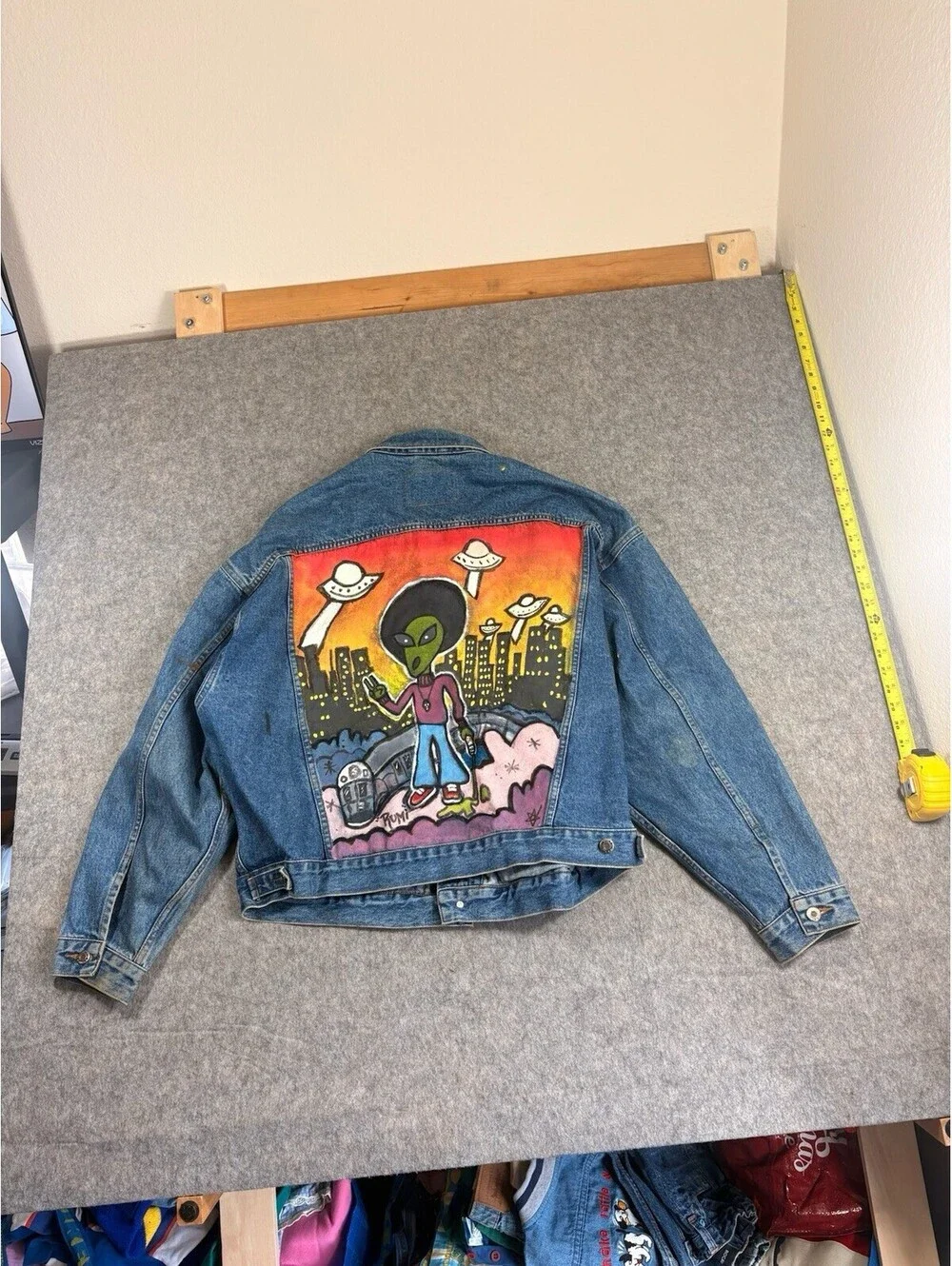 Vintage Hand Painted Alien Western Denim Button Jacket Size XL